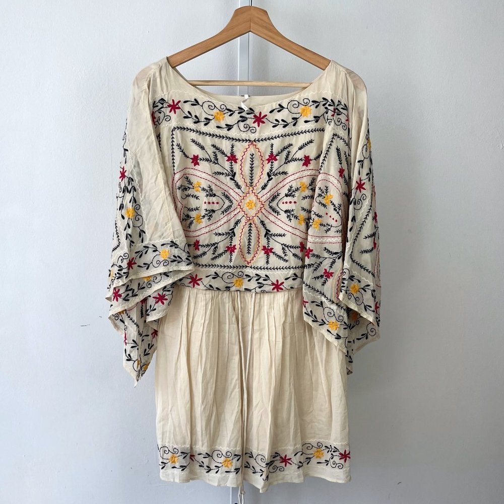 Free People Frida Embroidered Tunic Mini Dress Top Cream Multicolor S